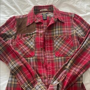 Ralph Lauren Rugby vintage Red Plaid Shirt with Brown suede Patch